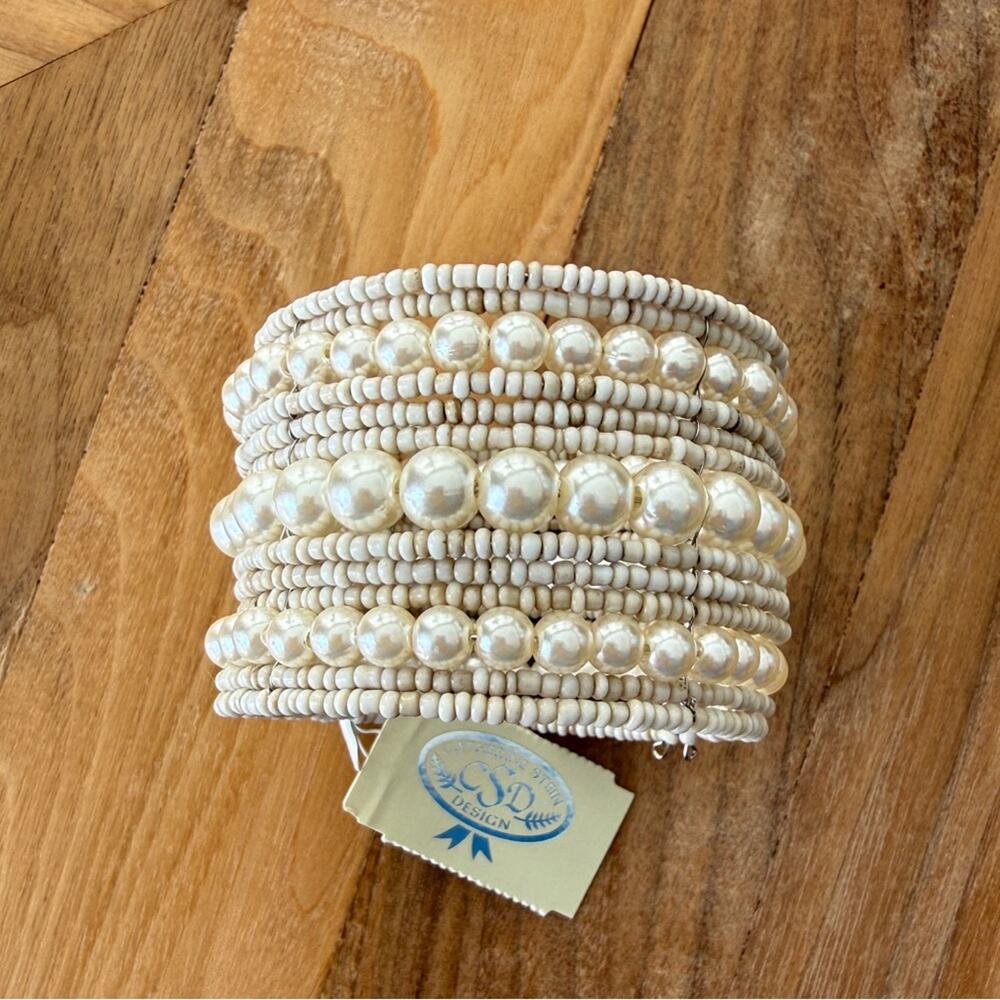 Faux Pearl Beaded Wrap Bracelet Catherine Stein CSD Design Ivory Stretch